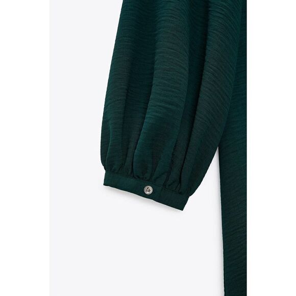 Zara Green Puff Sleeve Dress Midi Slit - Picture 4 of 7